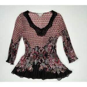 Alberto Makali 3/4Sleeve Crochet V Neck Crinkle Floral Blouse Top Vintage Small